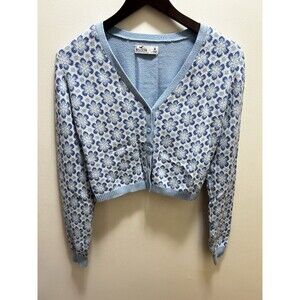 Hollister Blue Floral Cardigan M Cropped Knit Button Y2K Indie Twee Sweater